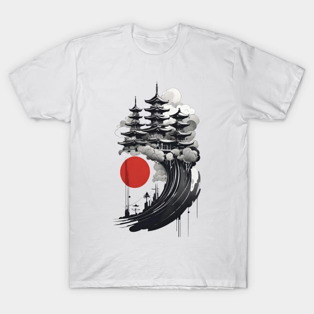 Japanese Castle Rising Over Waves T-Shirt by Under the Budget